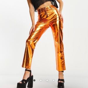 Vibrant Metallic Orange Cropped Pants